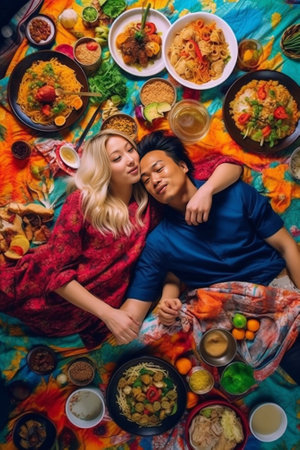 Capturing bright moments together Top view of beautiful young couple making selfie and smiling while preparing food together : Generative AIの素材