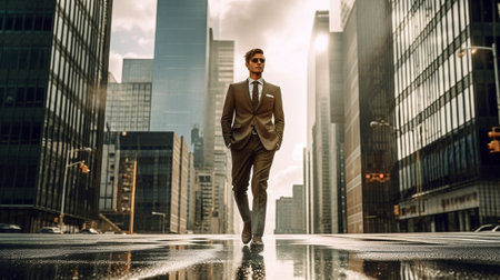 Businessman on the go Low angle view of confident young and handsome man in full suit walking along the street with cityscape in the background : Generative AIの素材