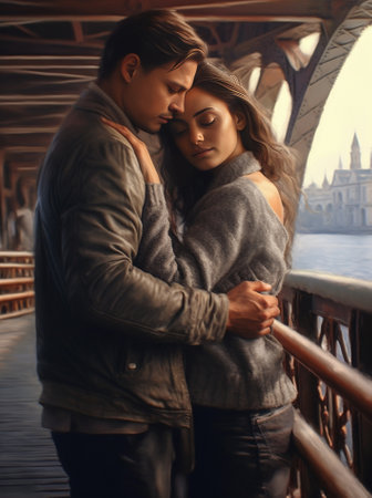 Best date Full length of handsome man embracing young attractive woman while standing on the bridge outdoors : Generative AIの素材