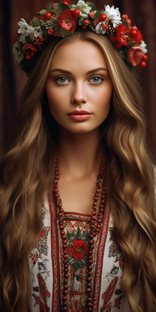 Closeup of beautiful young Ukrainian woman in floral crown looking at camera : Generative AIの素材