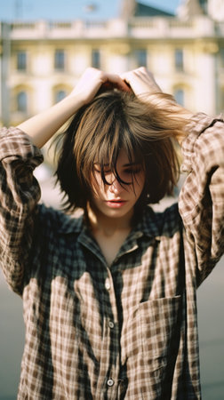 Beautiful urban woman Attractive young woman touching her hair with hand while standing outdoors : Generative AIの素材