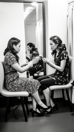 Backstage moments Beautiful young woman using her smartphone with smile while hairstylist brushing her hair in makeup room : Generative AIの素材