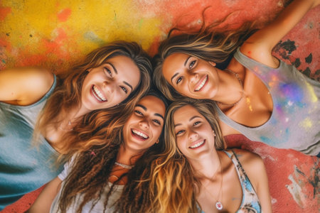 Cheerful beauties Top view of four attractive young women smiling while lying on the bed at home : Generative AIの素材
