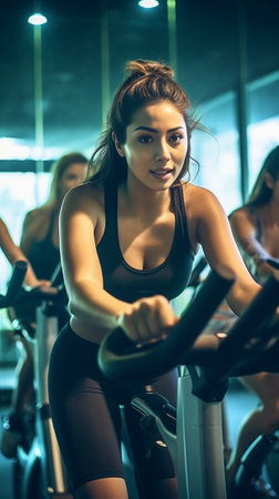 Beautiful ride Side view of young beautiful women with perfect bodies in sportswear looking away with smile while cycling at gym : Generative AIの素材