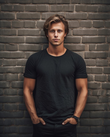 Charming handsome Handsome young man keeping arms crossed and looking at camera while standing against brick wall : Generative AIの素材