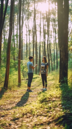 Checking the route Beautiful young couple using their smart phones while hiking together in the woods : Generative AIの素材