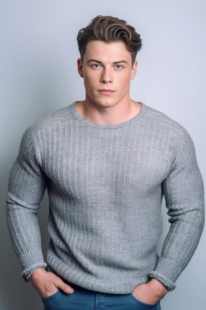 Confident and handsome Cheerful young man in blue sweater looking at camera and keeping arms crossed while standing against grey background : Generative AIの素材