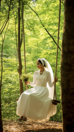 Beautiful modern bride Attractive young woman in wedding dress adjusting her sports shoes while sitting on the swing outdoors : Generative AIの素材