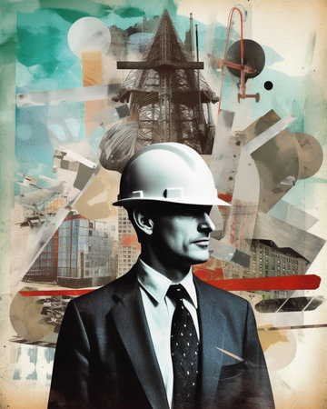 Building tomorrow world today Digitally composed icon set over a picture of white collar worker holding hardhat in his hand while standing against concrete wall : Generative AIの素材