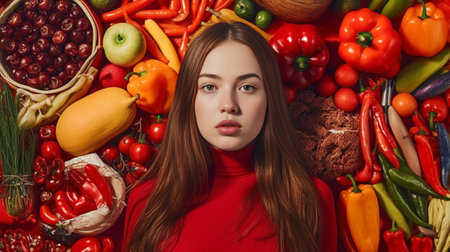 Colorful vitamins Beautiful young woman holding peppers and looking at camera while standing against white background : Generative AIの素材