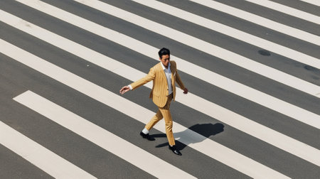 Confident businessman Full length of young man in full suit crossing the street while walking outdoors : Generative AIの素材