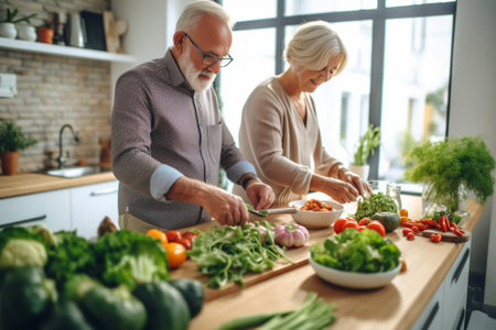 Beautiful senior couple in aprons preparing healthy dinner and smiling while spending time at home : Generative AIの素材