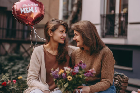 Beautiful senior woman kissing her adult daughter while sitting on the couch and holding tulips : Generative AIの素材