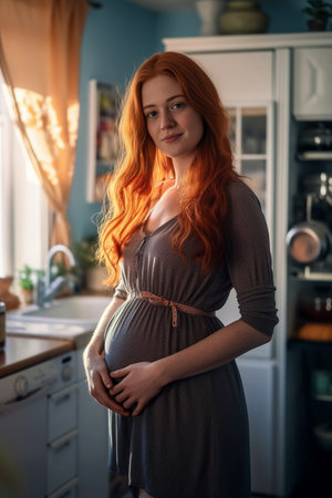 Beautiful redhead woman drinking juice while having lunch at the domestic kitchen : Generative AIの素材