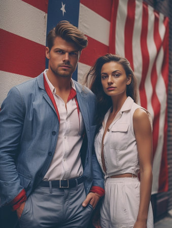 American style Funky young couple smiling and looking at camera while standing against American flag : Generative AIの素材