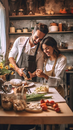 Capturing bright moments together Top view of beautiful young couple making selfie and smiling while preparing food together : Generative AIの素材