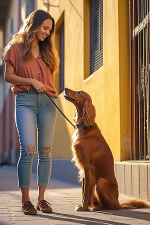 Carefree day Full length rear view of young woman standing with her dog while spending time outdoors : Generative AIの素材