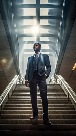 Confident businessman on the phone Low angle view of confident young man in formalwear talking on the mobile phone while moving down by staircase : Generative AIの素材