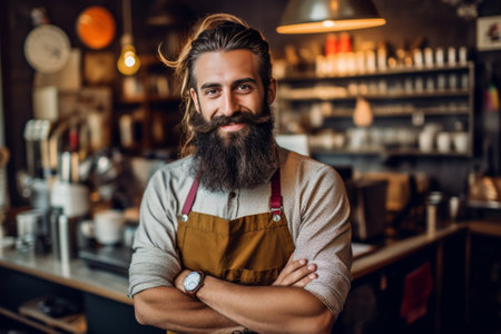 Confident barista Young bearded man in apron looking at camera and holding coffee cup while standing at bar counter : Generative AIの素材