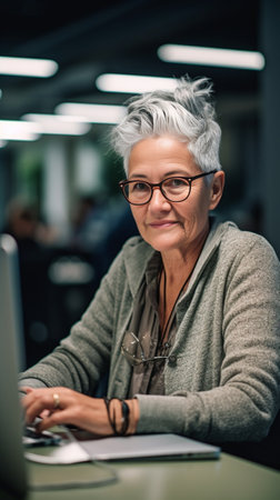 Confident senior businesswoman using digital tablet while sitting at her working place : Generative AIの素材