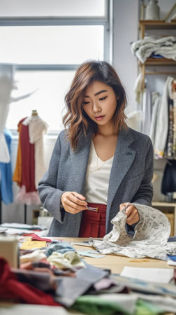 Concentrated young woman working on new fashion collection in creative office : Generative AIの素材