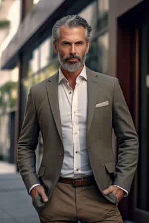 Confident mature businessman standing near office building outdoors : Generative AIの素材