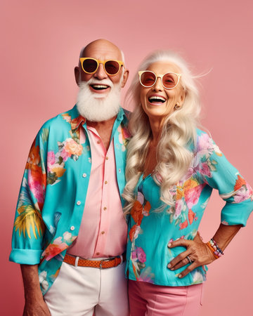 Beautiful senior couple looking at camera and smiling while standing together against blue background : Generative AIの素材