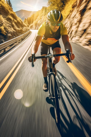 Carefree ride Low angle view of young cheerful people riding bicycles along a road together : Generative AIの素材