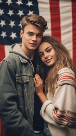 Carefree and in love Funky young couple covering with American flag and smiling while standing against white background : Generative AIの素材