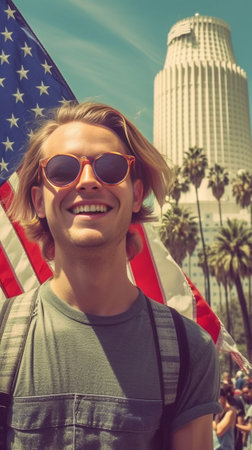 Complete confidence Handsome young bearded man in sunglasses keeping arms opening and looking at camera while standing against American flag : Generative AIの素材