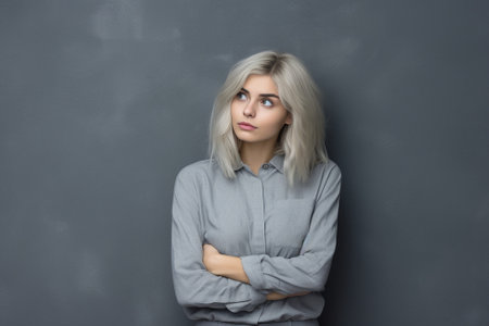 Confident and charming Thoughtful young women holding hand on chin while standing against grey background : Generative AIの素材