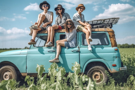 Carefree fun Group of joyful young people drinking beer and playing guitar while sitting on the beach near their retro minivan : Generative AIの素材