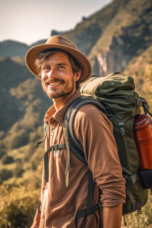 Confident male adventurer with backpack walking by the mountain footpath : Generative AIの素材