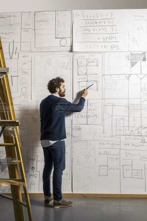Concentration at work Rear view of young man examining blueprint while standing outdoors and against the concrete wall : Generative AIの素材