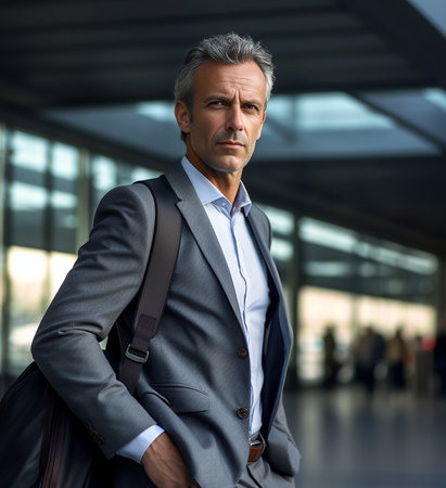 Confident mature businessman walking near office building outdoors : Generative AIの素材