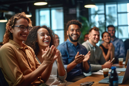Applauding their achievements Side view of group of young cheerful people sitting on conference together and applauding : Generative AIの素材