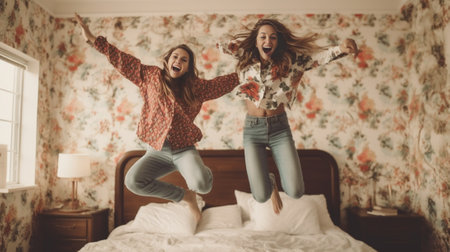 Always happy together Cute little girl jumping on the bed with her mother while spending time at home : Generative AIの素材