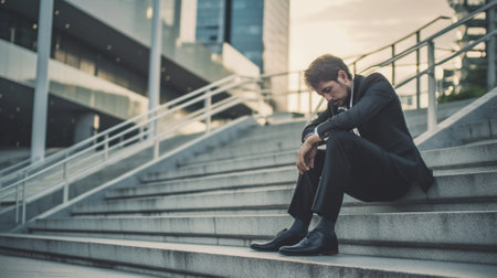 Bad business news Depressed mature businessman talking on the mobile while sitting barefoot at the quayside : Generative AIの素材