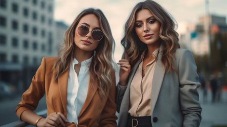 Beauties in style Two beautiful young welldressed women smiling at camera while standing close to each other outdoors : Generative AIの素材
