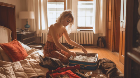 Attractive young woman packing luggage while sitting in bed at home : Generative AIの素材