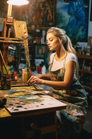 Attractive young blond hair woman painting in art studio and smiling : Generative AIの素材