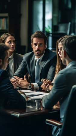 Business people at the meeting Four business people in formalwear communicating while sitting together at the meeting : Generative AIの素材