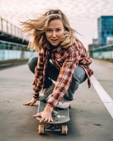 Born to skate Closeup of young woman skateboarding while spending time outdoors : Generative AIの素材