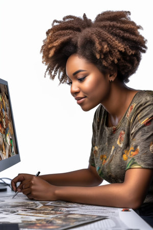Beautiful young African woman analyzing fashion design sketch while standing near her desk in office : Generative AIの素材