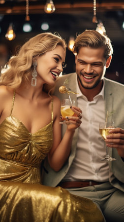 Beautiful young couple in formalwear toasting with champagne while spending time on luxury party : Generative AIの素材