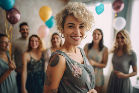 Best birthday surprise Happy young woman holding a puppy and smiling while her friends standing around : Generative AIの素材