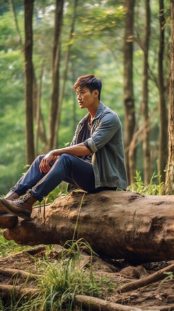 After hard physical work Full length of thoughtful young forester keeping hands clasped and looking away while sitting on logs : Generative AIの素材