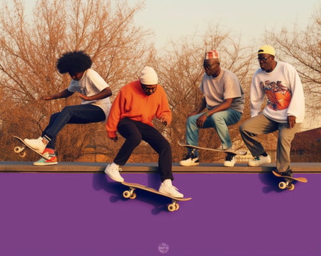 Always skating together Full length of young people skateboarding while hanging out at the skate park outdoors : Generative AIの素材