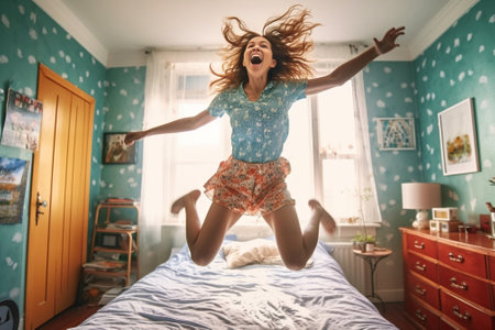 Beauty in the midair Full length of playful young woman in sun hat smiling while jumping on the bed : Generative AIの素材