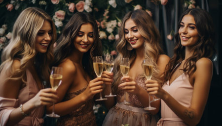 Big moment is coming Top view of attractive young bride clicking glasses with her beautiful bridesmaids : Generative AIの素材